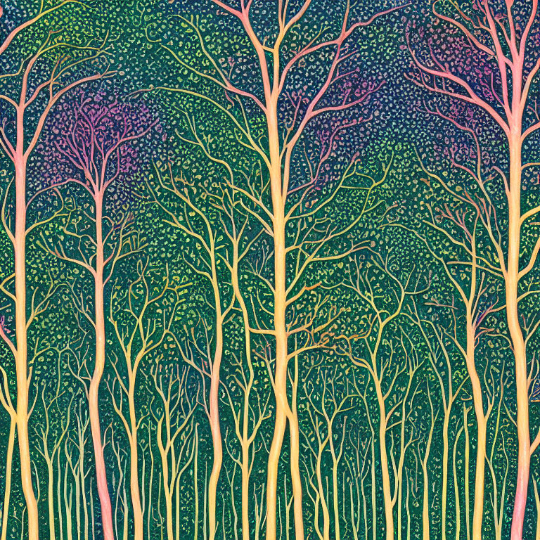 Vibrant forest painting with intricate tree patterns in green and purple