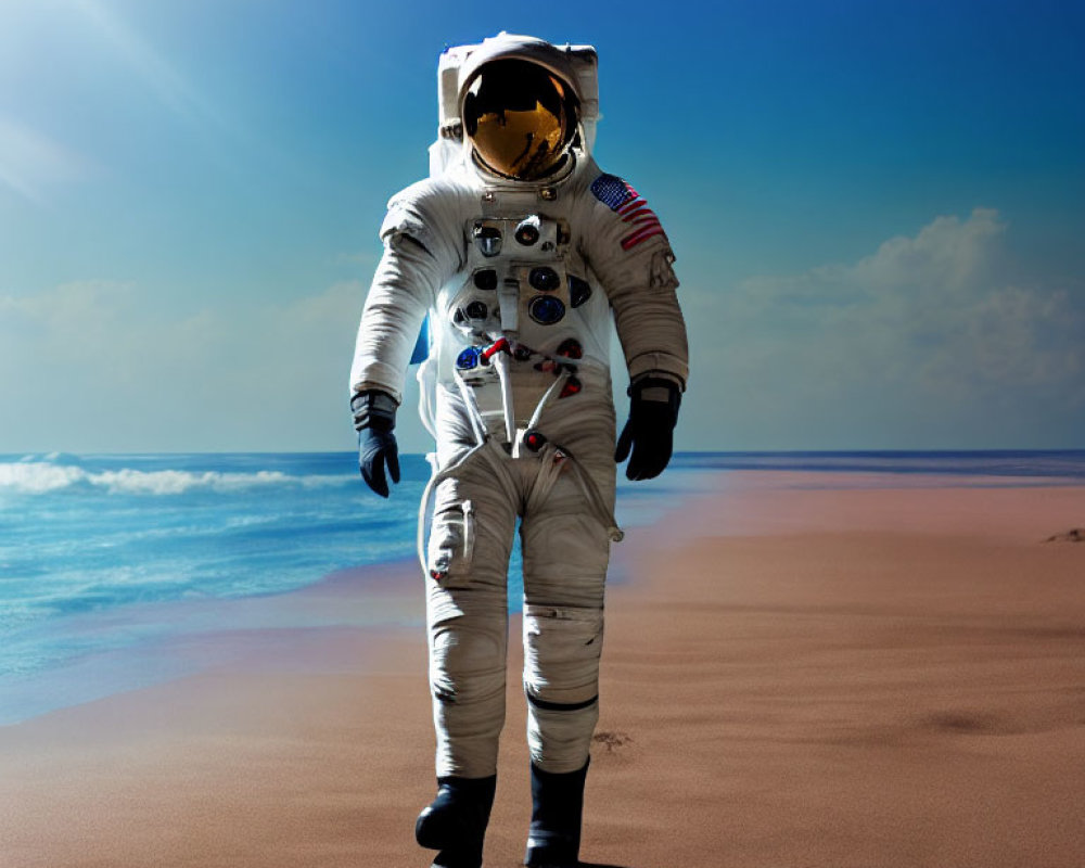 Astronaut in white space suit with American flags on sandy beach