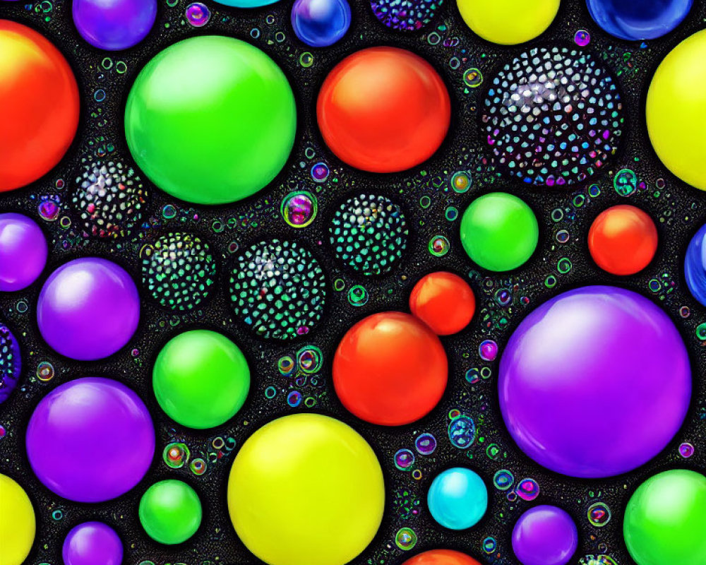 Vibrant spheres in different sizes on dark textured backdrop