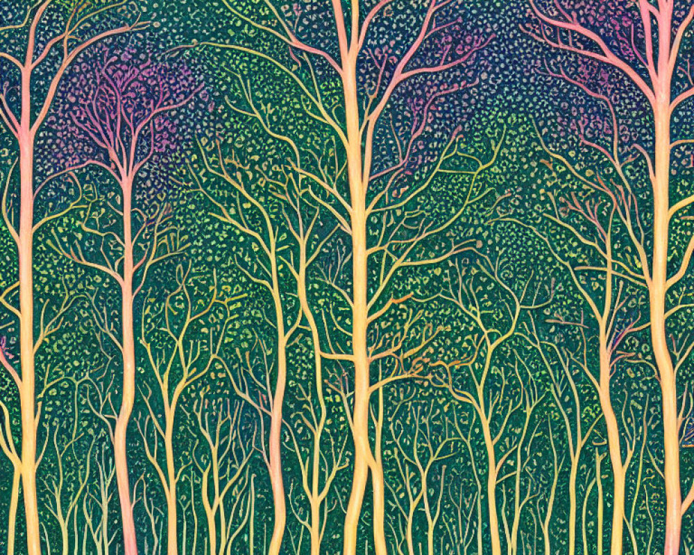 Vibrant forest painting with intricate tree patterns in green and purple