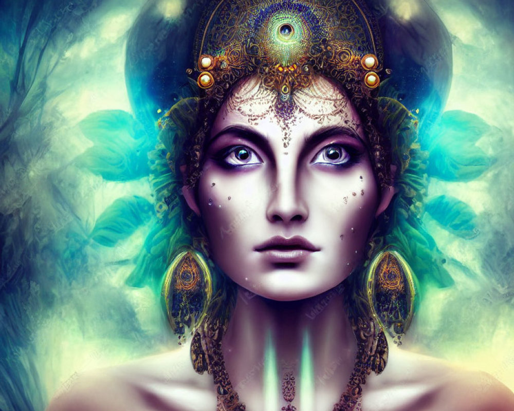 Intricate portrait of woman with ornate headdress and mystical green light