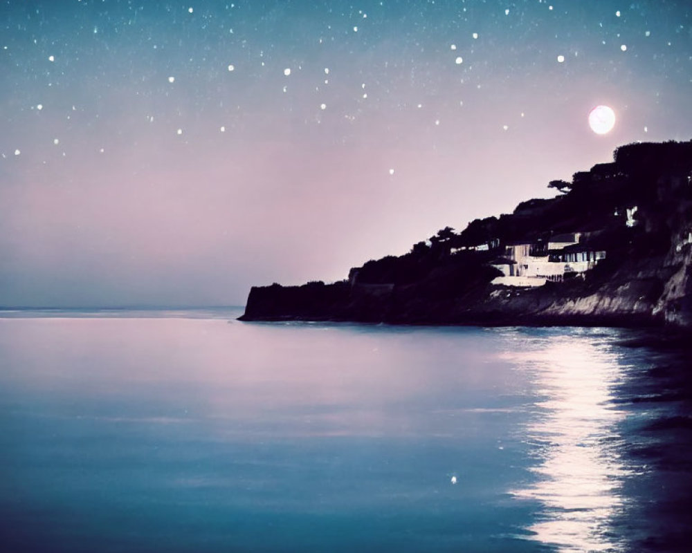 Tranquil nightscape with star-filled sky, moonlit sea, and cliffside houses