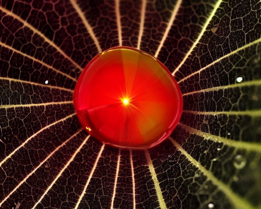 Macro photograph of water droplet on leaf resembling precious gem.