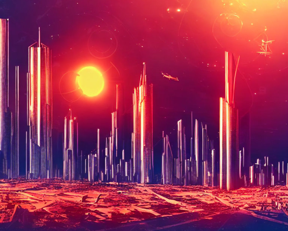 Futuristic cityscape with skyscrapers and spacecrafts under a red sun