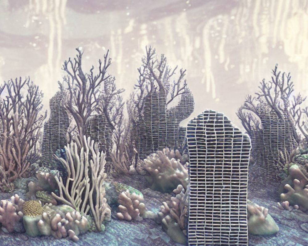 Surreal landscape blending architecture with underwater coral formations