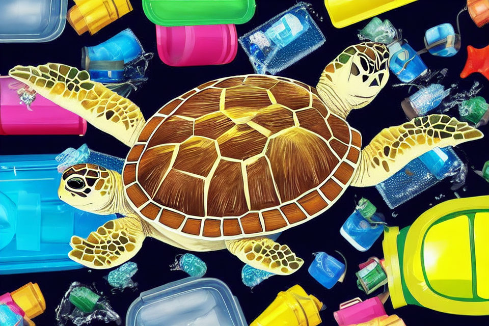 Turtles with Earth-themed shells amidst plastic containers showcase ocean pollution.