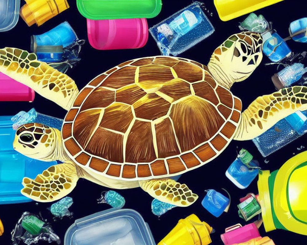 Turtles with Earth-themed shells amidst plastic containers showcase ocean pollution.