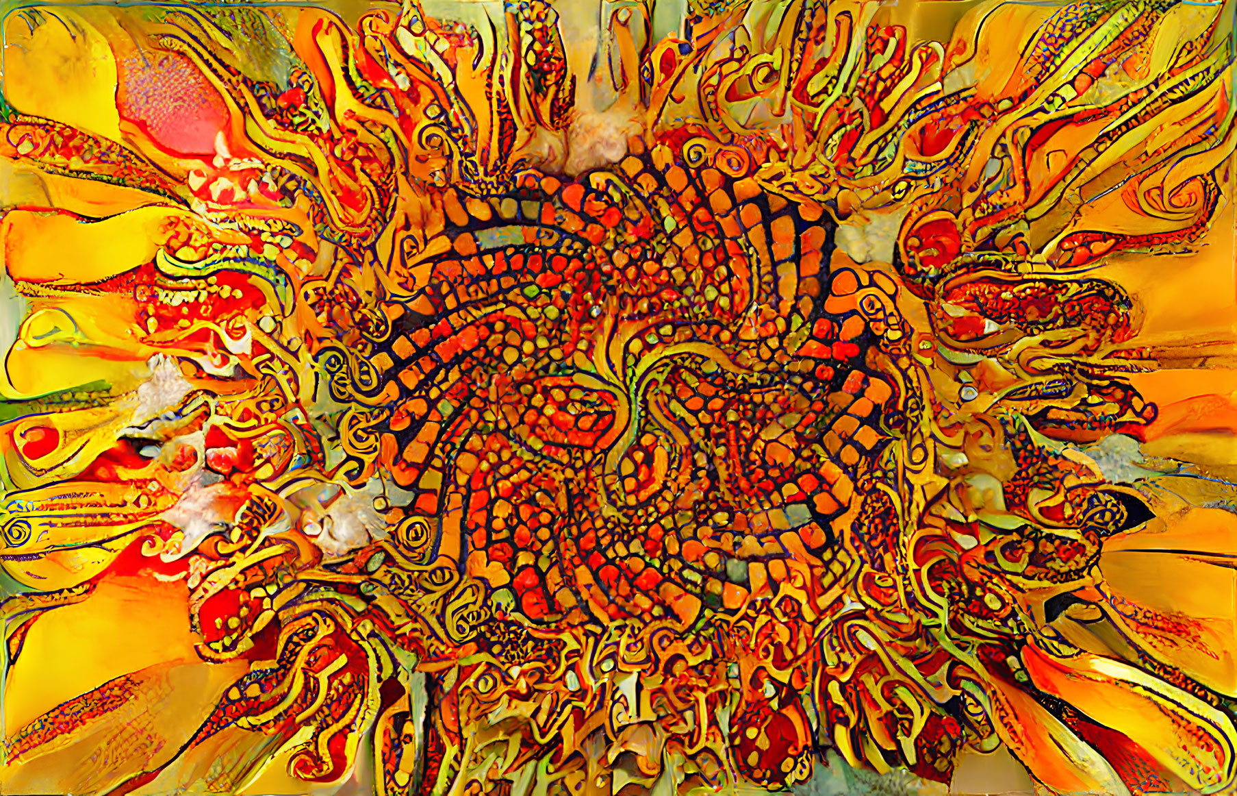 Colorful Abstract Design with Intricate Patterns in Fiery Red, Yellow, and Orange