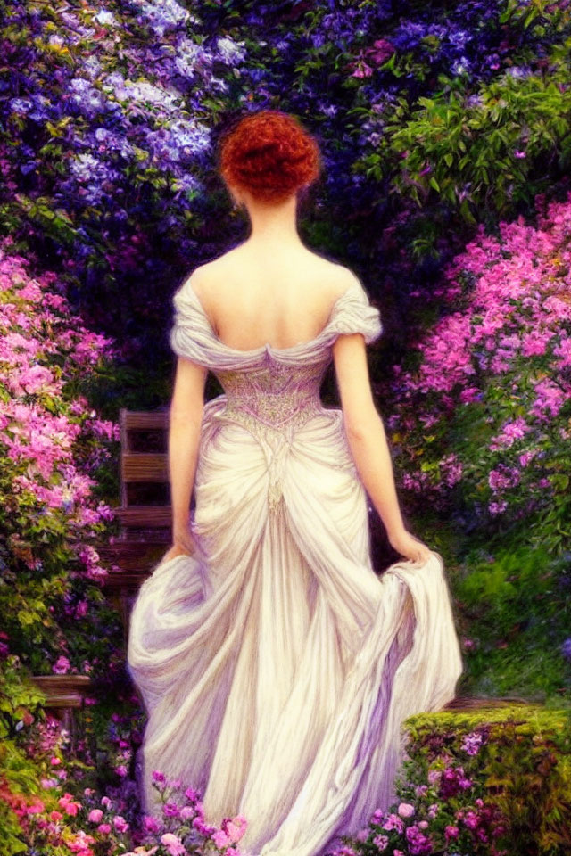 Red-haired woman in off-shoulder dress among vibrant foliage