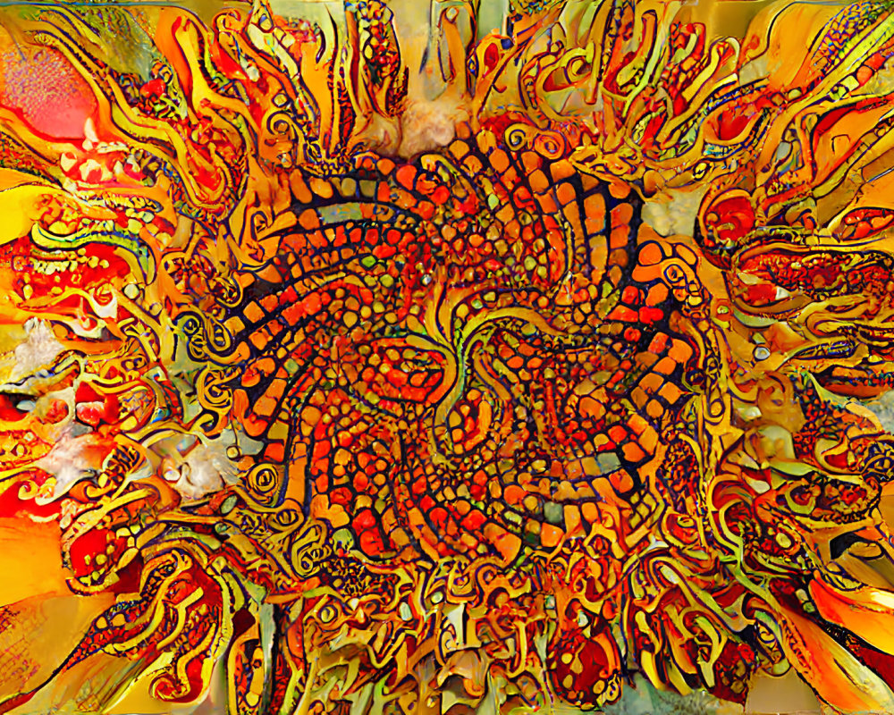 Colorful Abstract Design with Intricate Patterns in Fiery Red, Yellow, and Orange