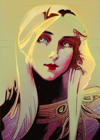 Art Nouveau Style Woman Illustration with White Veil and Red Lips