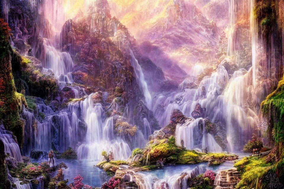 Fantasy landscape with waterfalls, lake, foliage, and cliffs