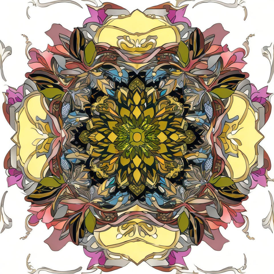 Symmetrical floral kaleidoscopic pattern in yellow, pink, blue, and grey tones