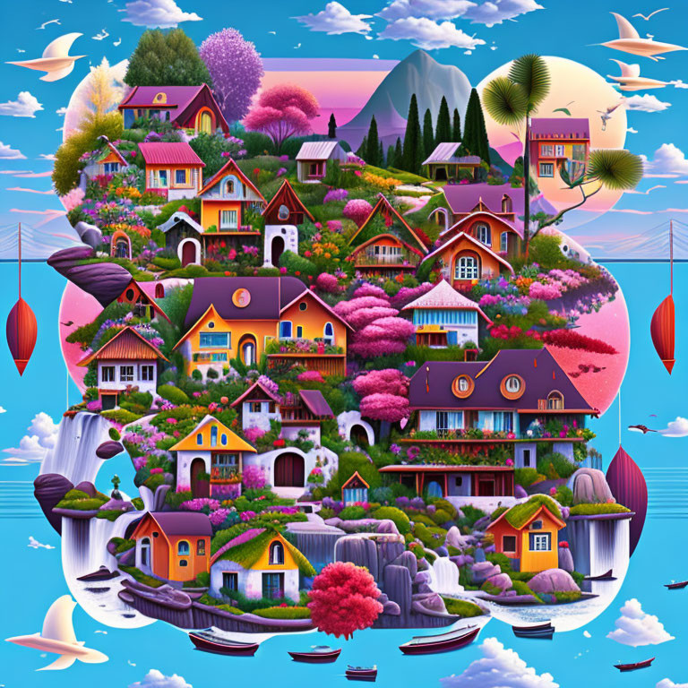 Colorful Houses & Waterfalls in Fantasy Landscape