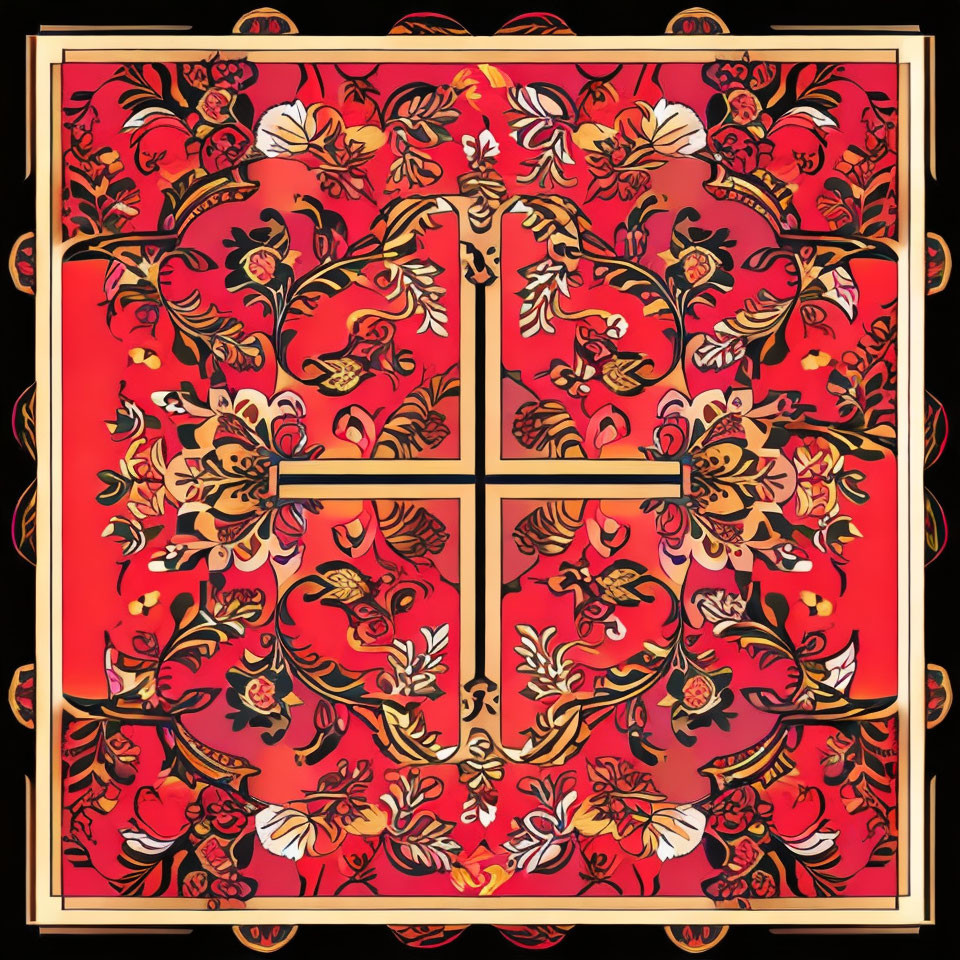 Symmetrical floral pattern red scarf with black border and golden details