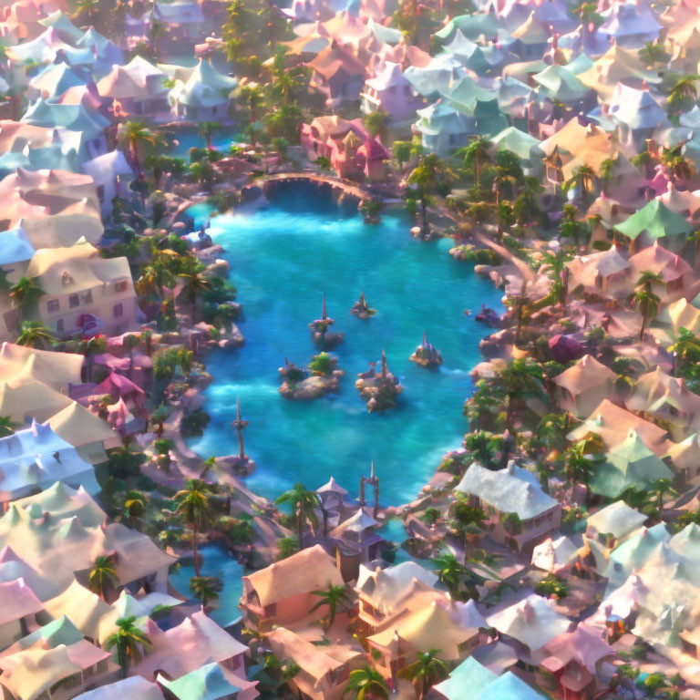 Colorful Rooftops and Blue Lagoon in Animated Town