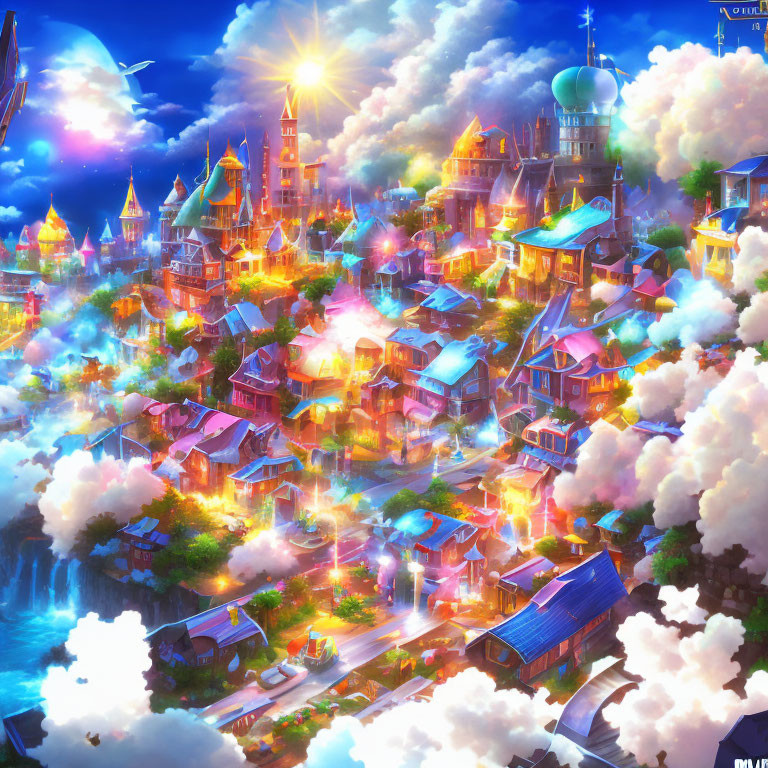 Colorful buildings, glowing lights, and floating islands in a fantastical city