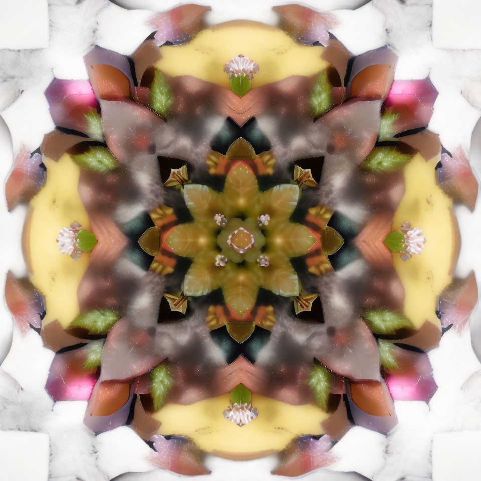 Symmetrical Kaleidoscopic Design with Floral and Geometric Patterns