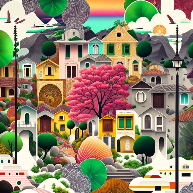 Vibrant illustration of patterned hills, whimsical houses, flora, and pink tree