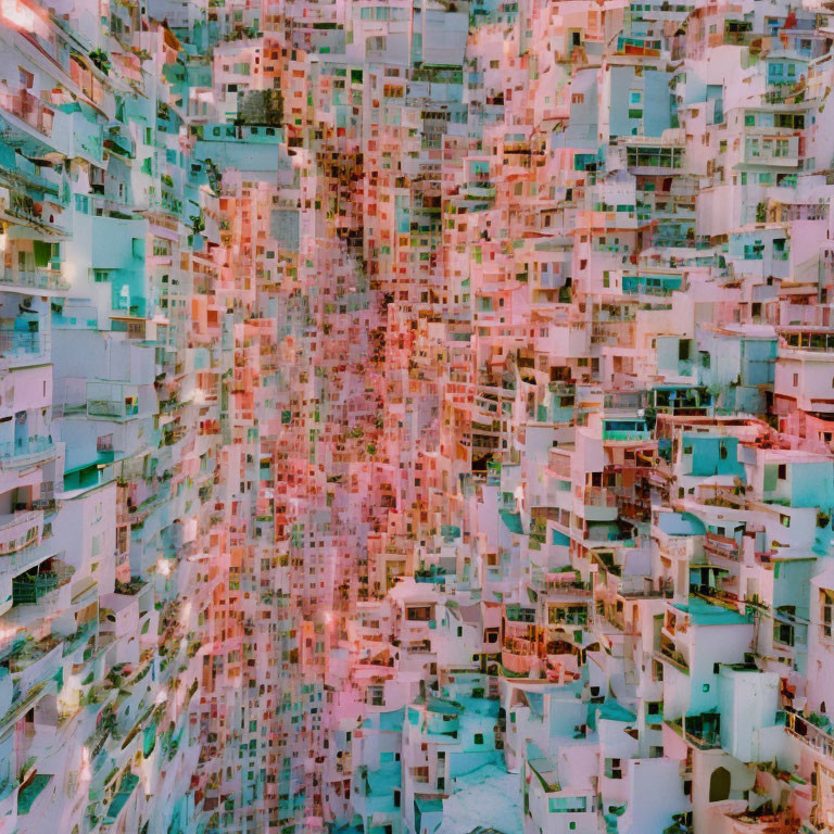 Abstract Distorted Cityscape in Pink and Turquoise Palette