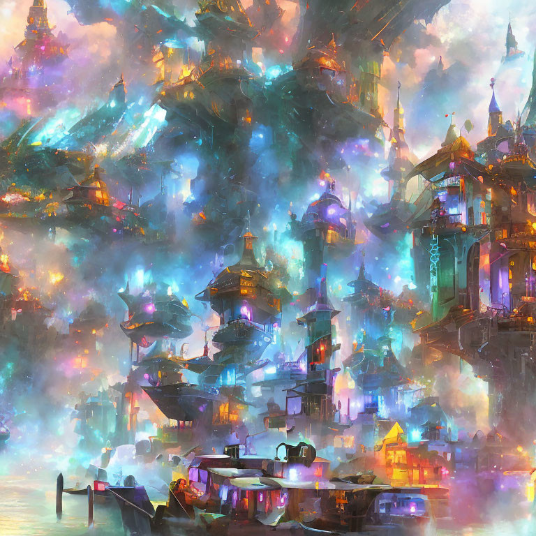 Colorful Fantasy Cityscape with Illuminated Buildings in Dreamy Sky