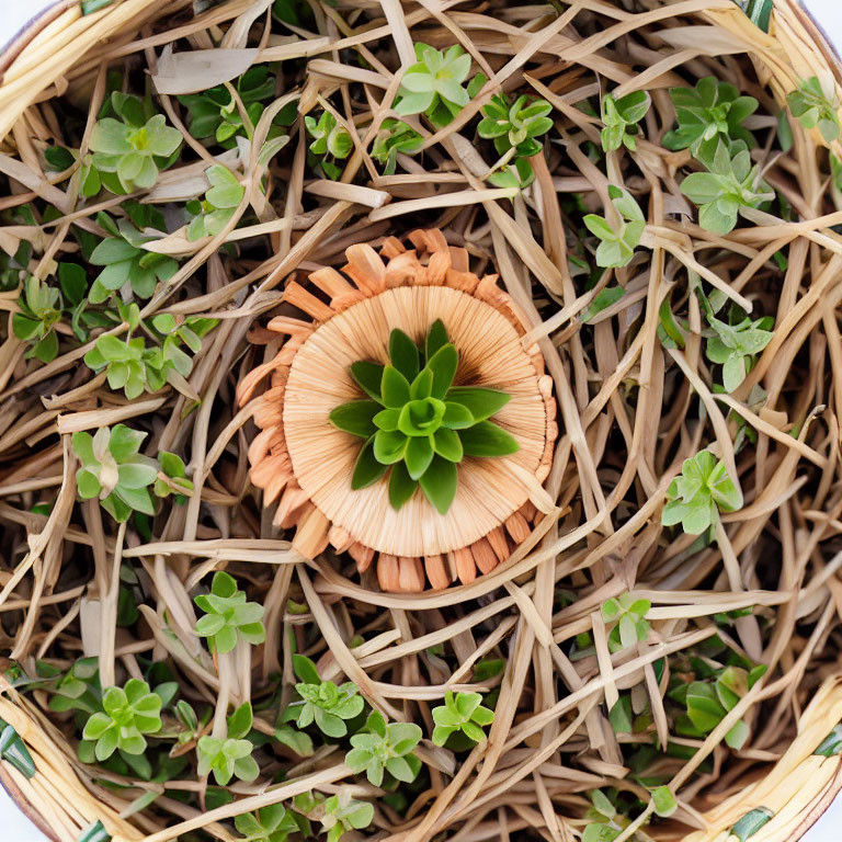 Small Green Succulent in Woven Basket with Dry Straw & Offshoots