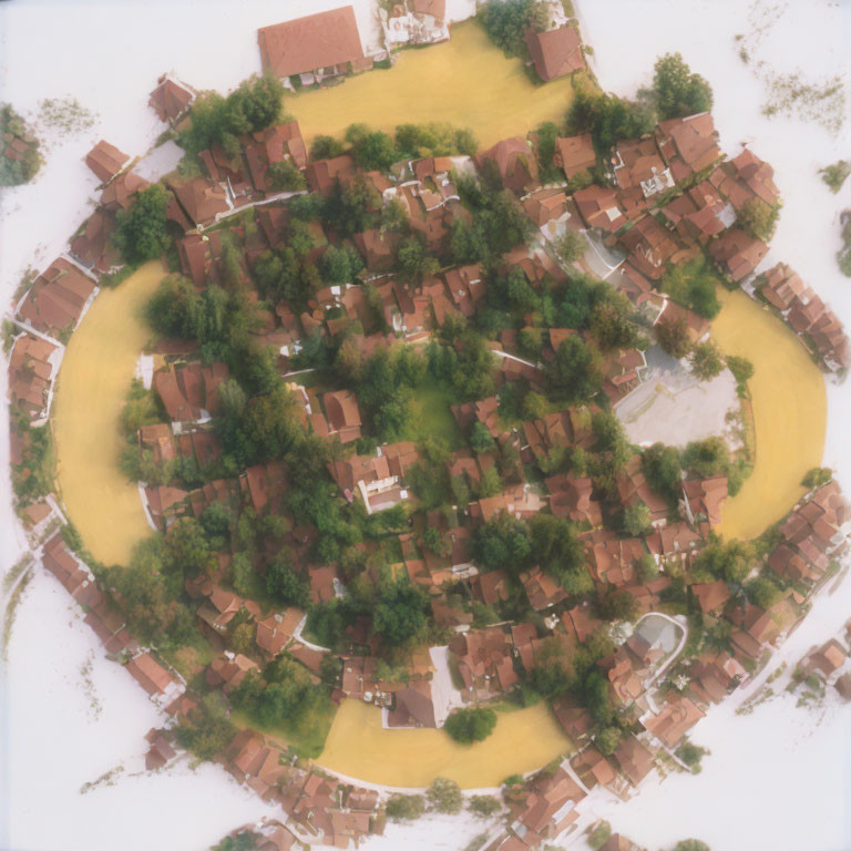 Circular Island Village Surrounded by Floodwaters