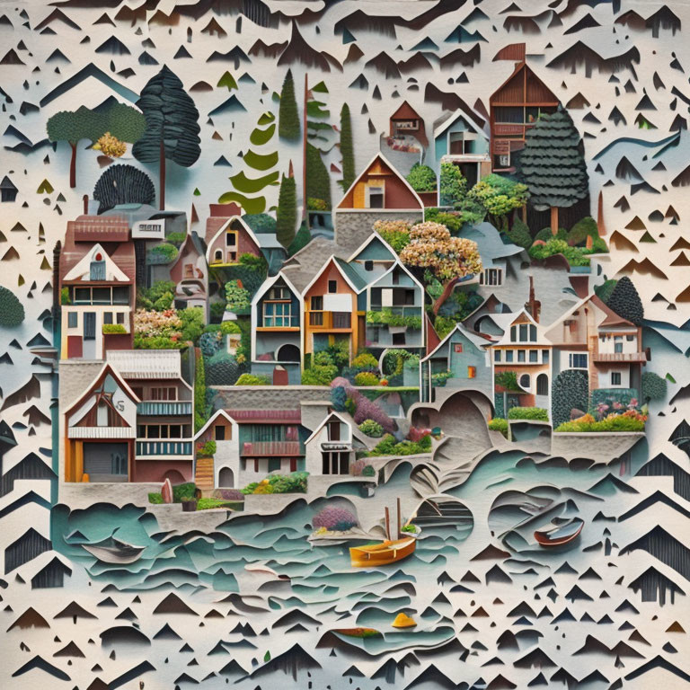 Detailed 3D paper art: whimsical landscape with houses, trees, and boats