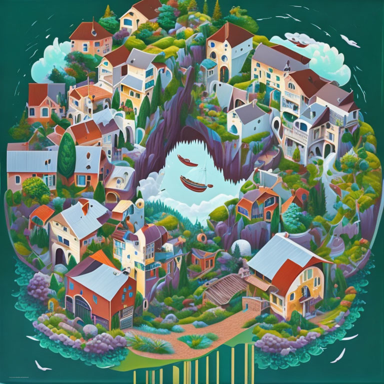 Colorful village illustration with pathways, hills, and lake