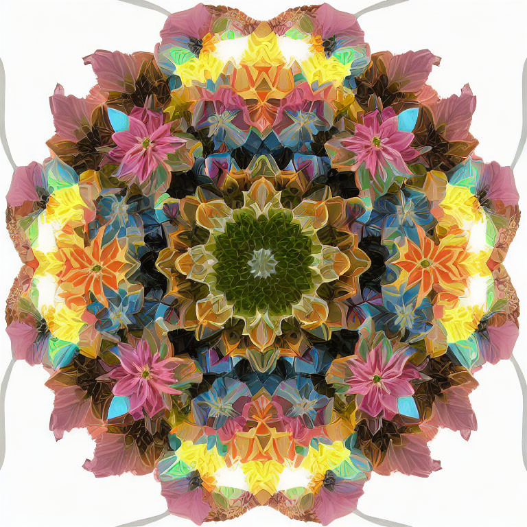 Colorful Symmetrical Floral Kaleidoscope Design in Multiple Layers