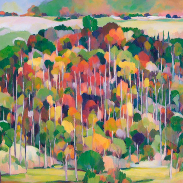 Vibrant autumn forest painting with pastel sky