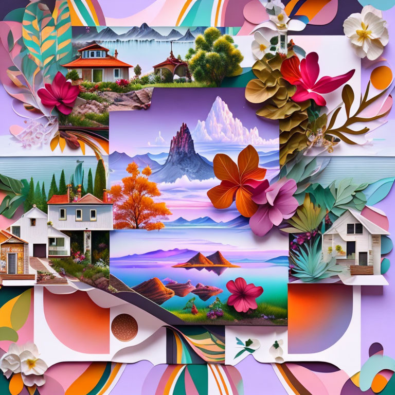 Vibrant Collage of Landscapes, Mountains, Lakes, Houses, and Flowers