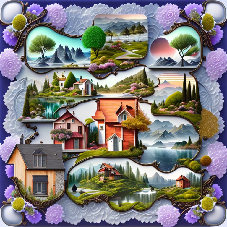 Detailed Collage of Idyllic Landscapes with Mountains, Lakes, Waterfalls, and Houses