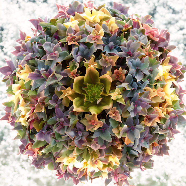 Colorful spherical succulent arrangement on blurred natural backdrop