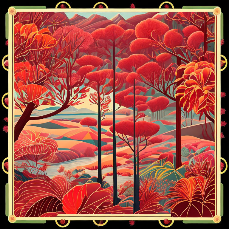 Colorful Stylized Landscape with Red-Orange Flora and Decorative Borders