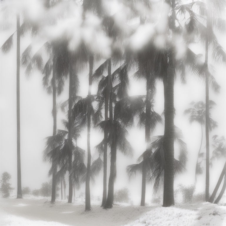 Palm trees in misty snowy landscape: surreal tropical winter blend