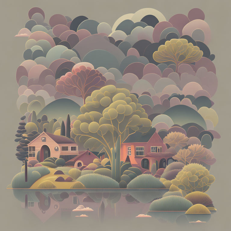 Serene landscape illustration with pastel trees, houses, lake, and cloudy sky