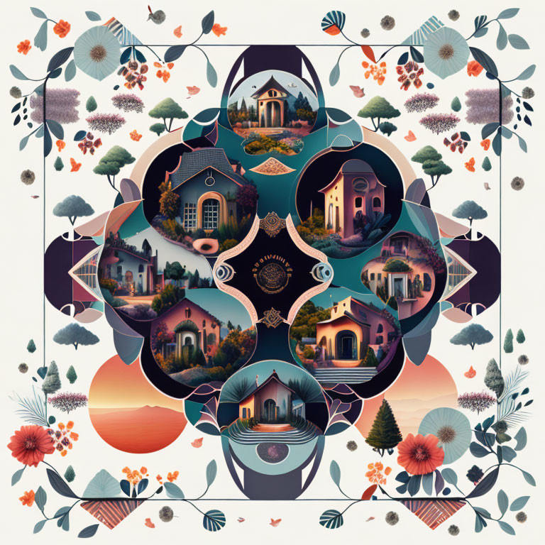 Symmetrical pastel illustration of whimsical houses among floral patterns