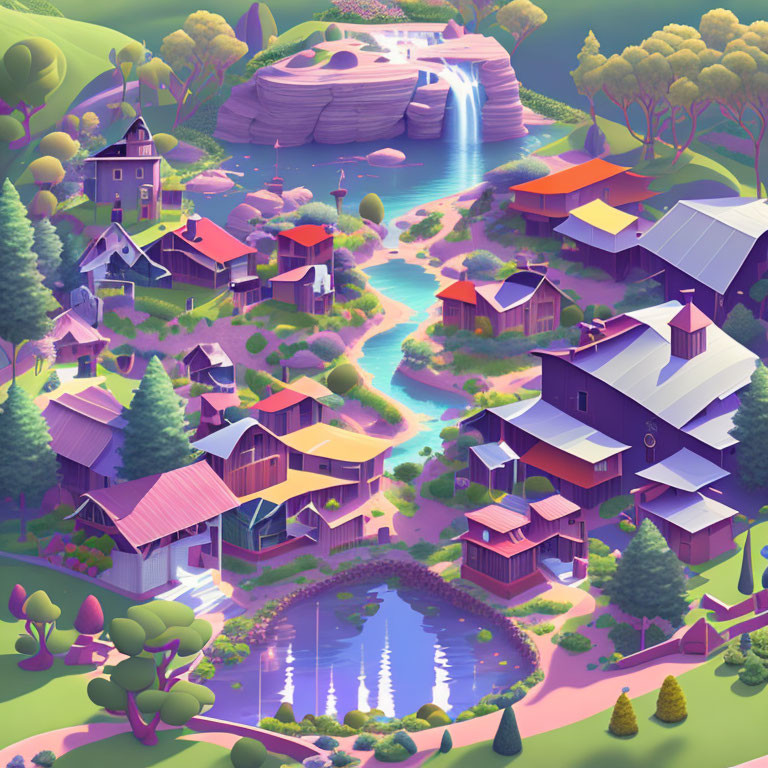 Colorful village illustration with waterfall and lush trees