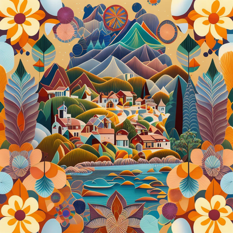 Colorful Stylized Village Illustration with Floral and Geometric Patterns