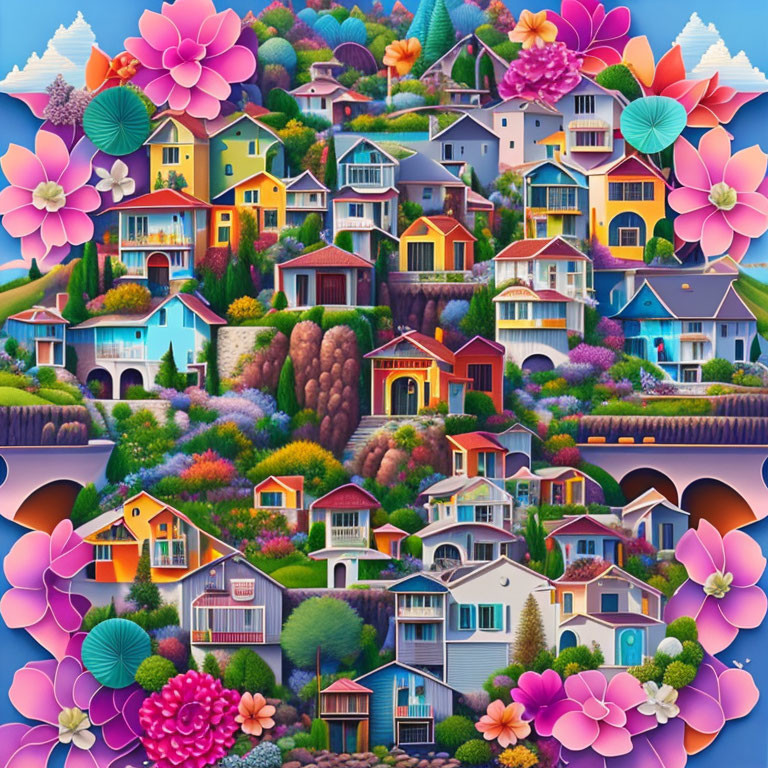 Vibrant village illustration with colorful houses and oversized flowers