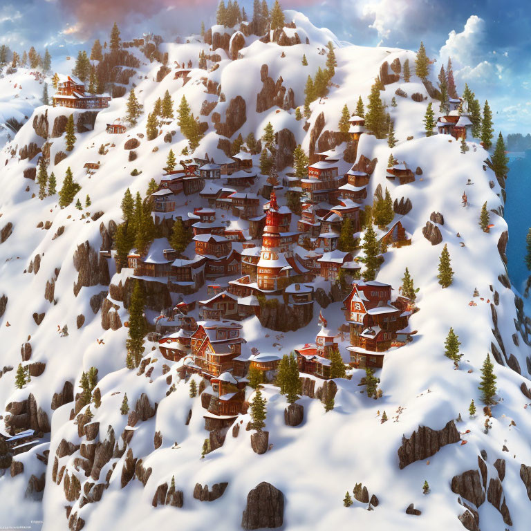 Snow-covered mountain village with red pagoda, pine trees, and serene lake