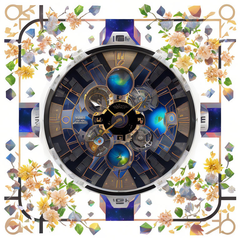 Astrological chart with zodiac signs, planetary symbols, and floral elements