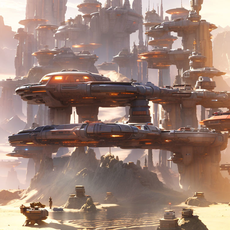 Futuristic cityscape with towering structures and floating ships above rocky terrain