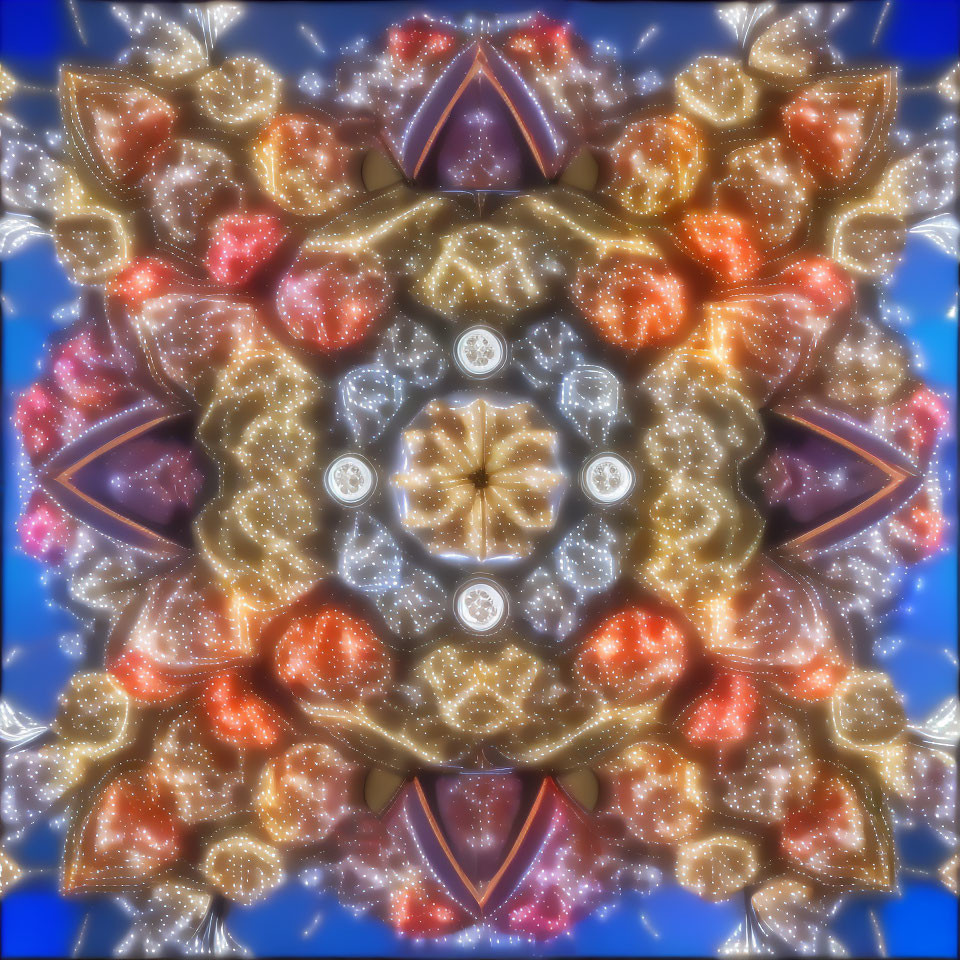 Symmetrical kaleidoscopic image with gold, blue, and pink intricate patterns