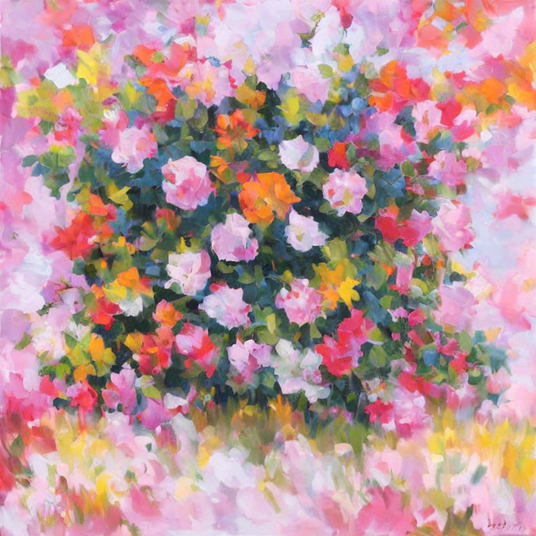 Assorted colorful flowers painting in lush garden with pinks, yellows, greens