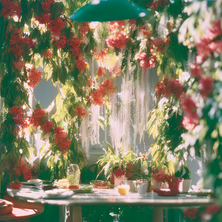 Indoor sunlit space with green plants and red flowers in a jar