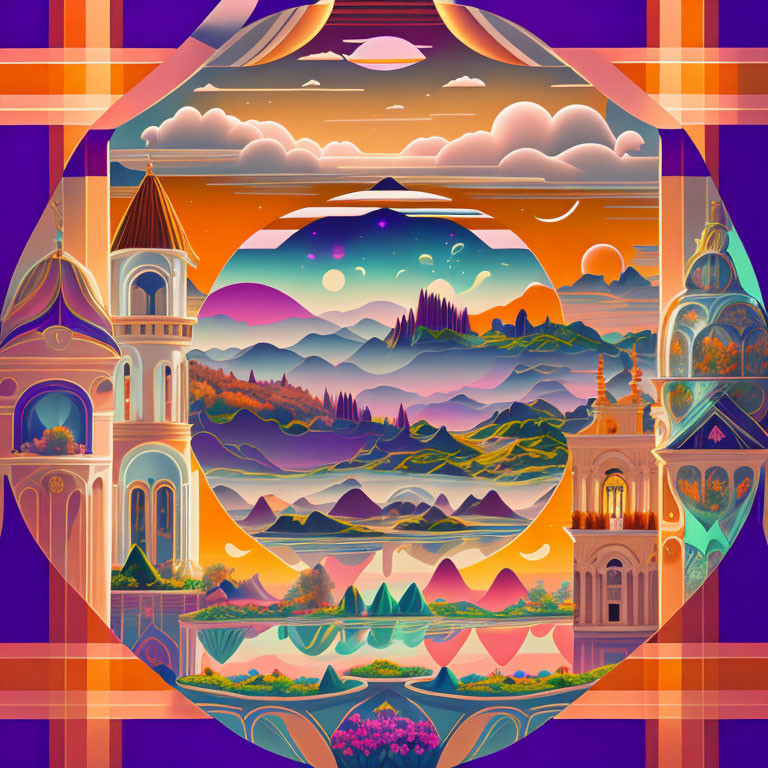 Surreal hexagonal frame: vibrant landscape, whimsical architecture, purple hills, orange skies,