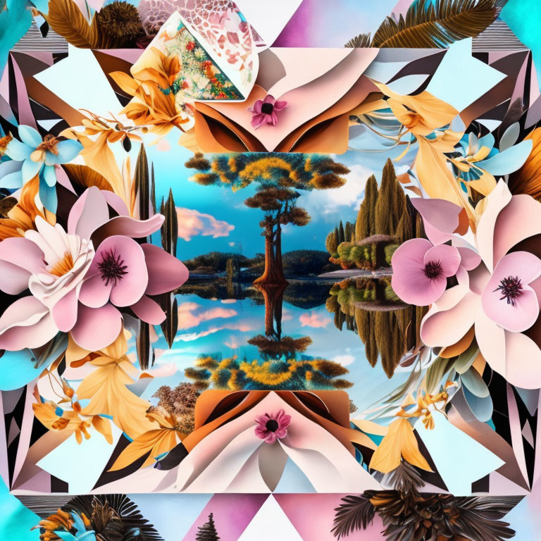 Colorful digital collage of mirrored landscapes, trees, lakes, geometric shapes, and flowers.