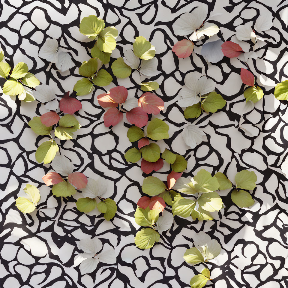 Colorful Leaves Pattern on White Surface: Circular Formation with Green, Pink, and White Tones